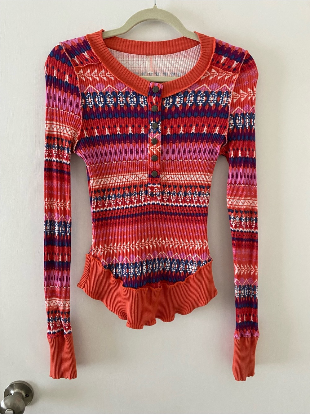 FP Movement by Free People Coral Multi Ribbed Button-Front Long Sleeve Top